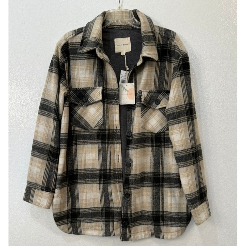 NWT Nordstrom Thread & Supply Black Tan Plaid Lined Soft Flannel Shacket‎ Sz Lg